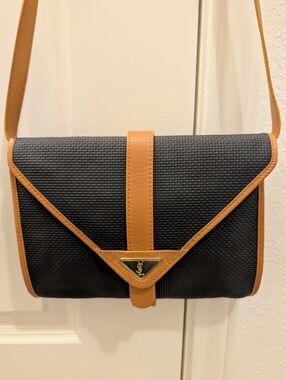 Authentic Yves Saint Laurent Black Woven Crossbody with Tan Trim